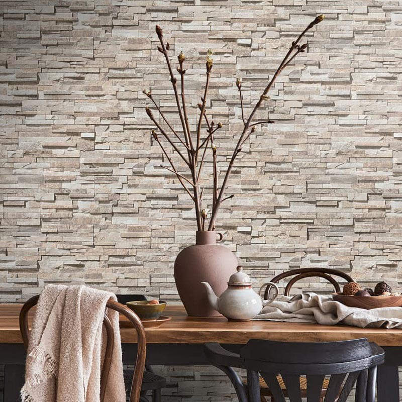 A.S. Création Papel Pintado Efecto Piedra - No Tejido 10.05x0.53m, Crema Blanco, Lavable Y Fabricado En Alemania